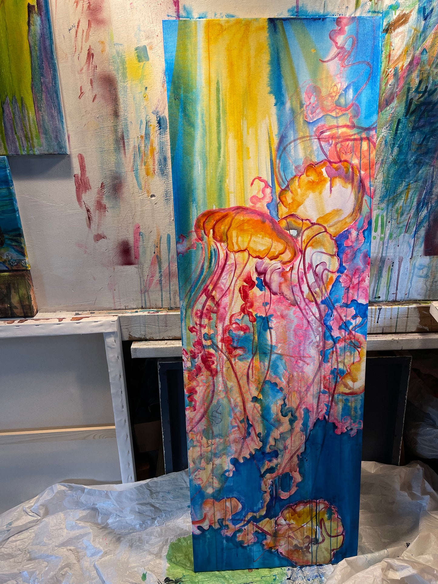 “Flow State” Original in the making. First Layer of mixed media, using fine art pens and water based materials. Photo taken in art studio.